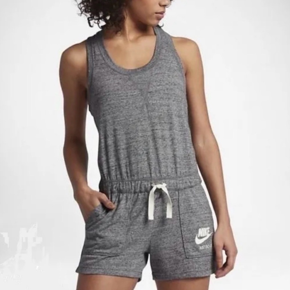 Nike Snap Tank Romper Small Heather Gray Racerback Drawstring Athletic Shorts